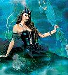 Ond sjöjungfru-drottning, maskeradklänning med paljetter, fisknät och fena, fiskfjäll